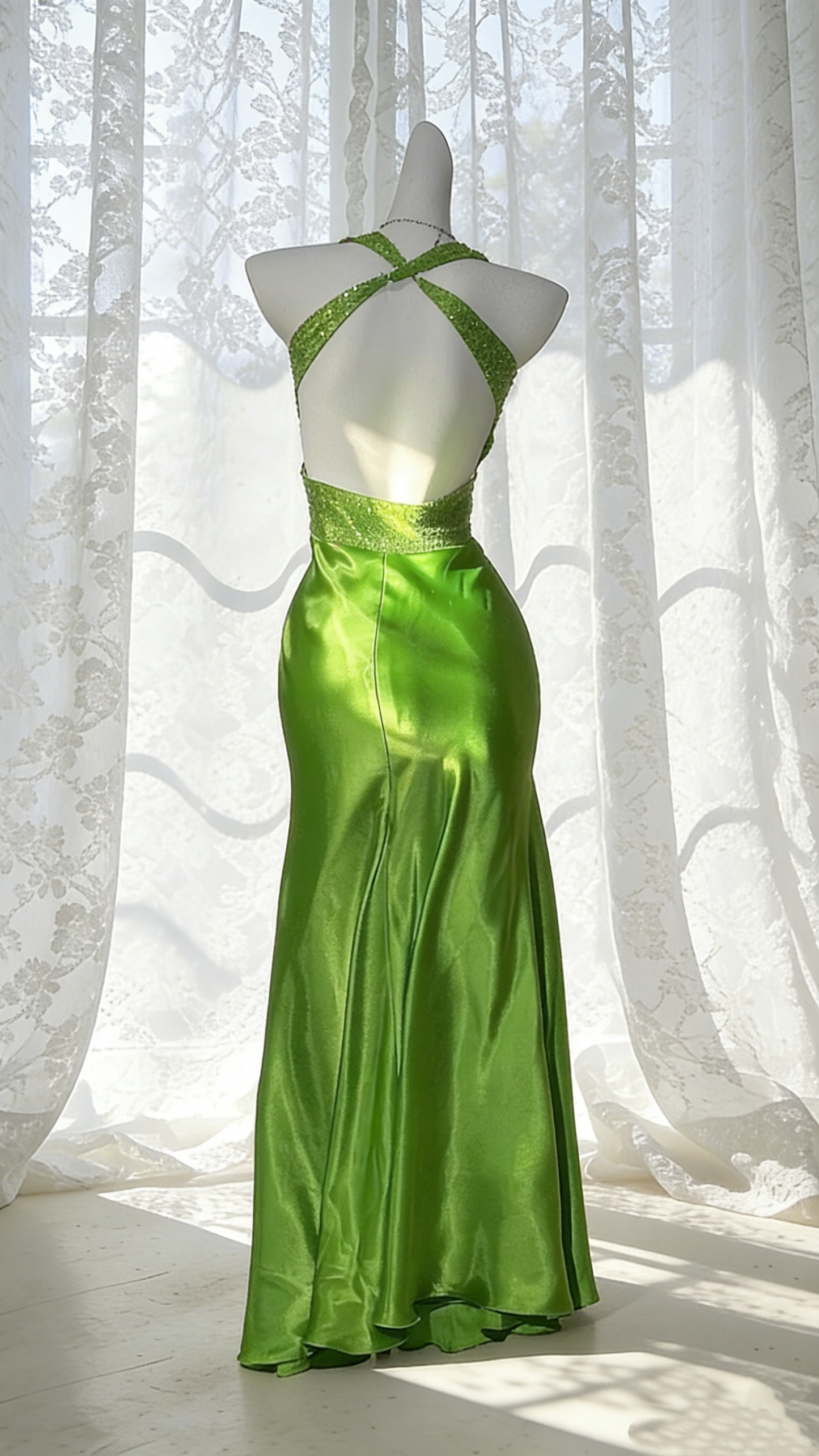 ✨Electric Green Halter Backless Gown - Satin & Sequin Mermaid Dress gh6942
