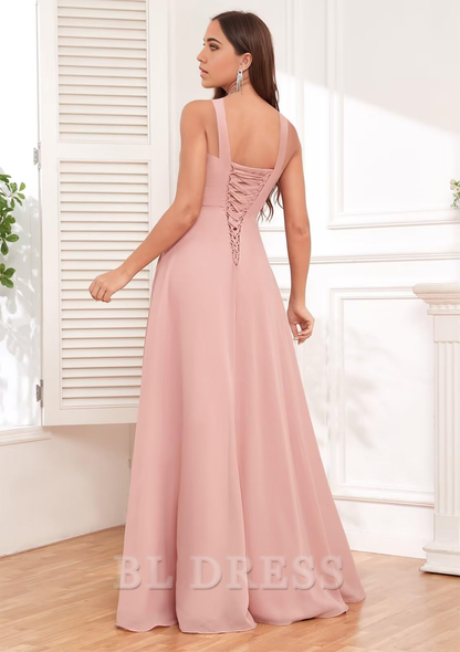 A-line Square Neck Chiffon Ruffle formal dresses Bridesmaid Dresses evening gown Prom Dress with Slit