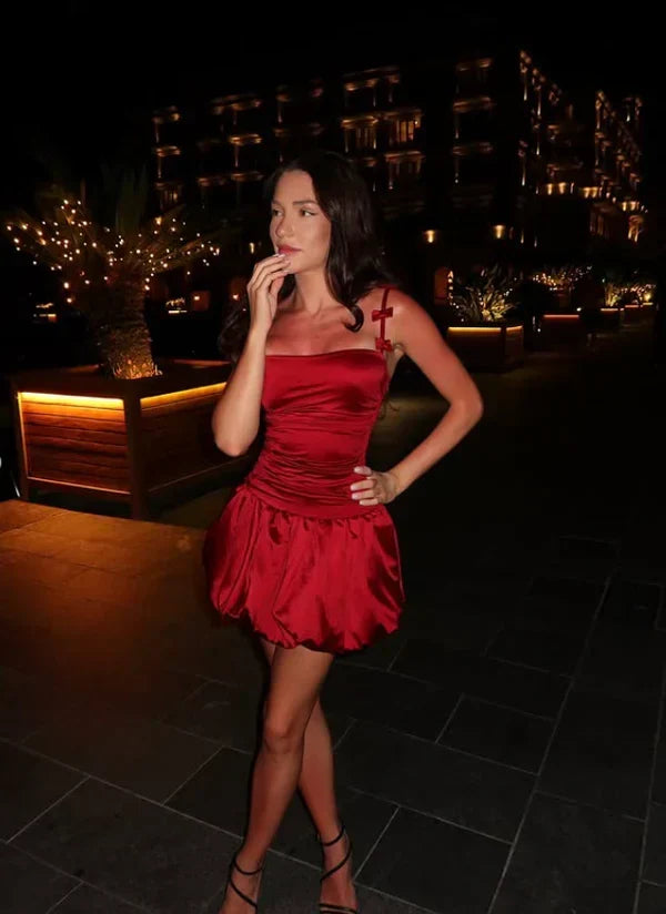 Vintage Burgundy Satin Spaghetti Strap Short A-Line Party Dress Cocktail Dress Homecoming Dress HZ1024