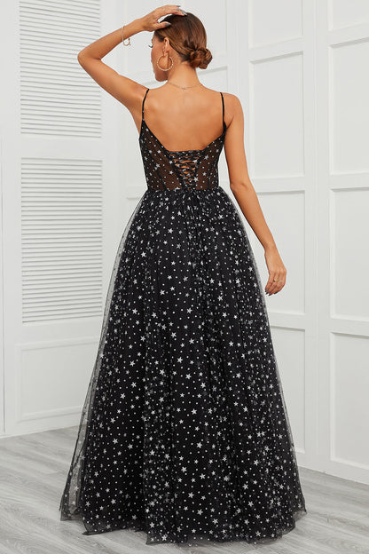 Black Star Sequins Sheer Bodice A-Line Long Prom Dress