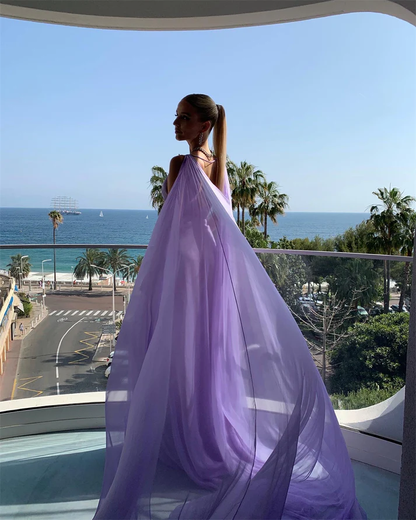 Sexy V Neck Lilac Tulle Prom Dress Long Party Evening Gown cc2087