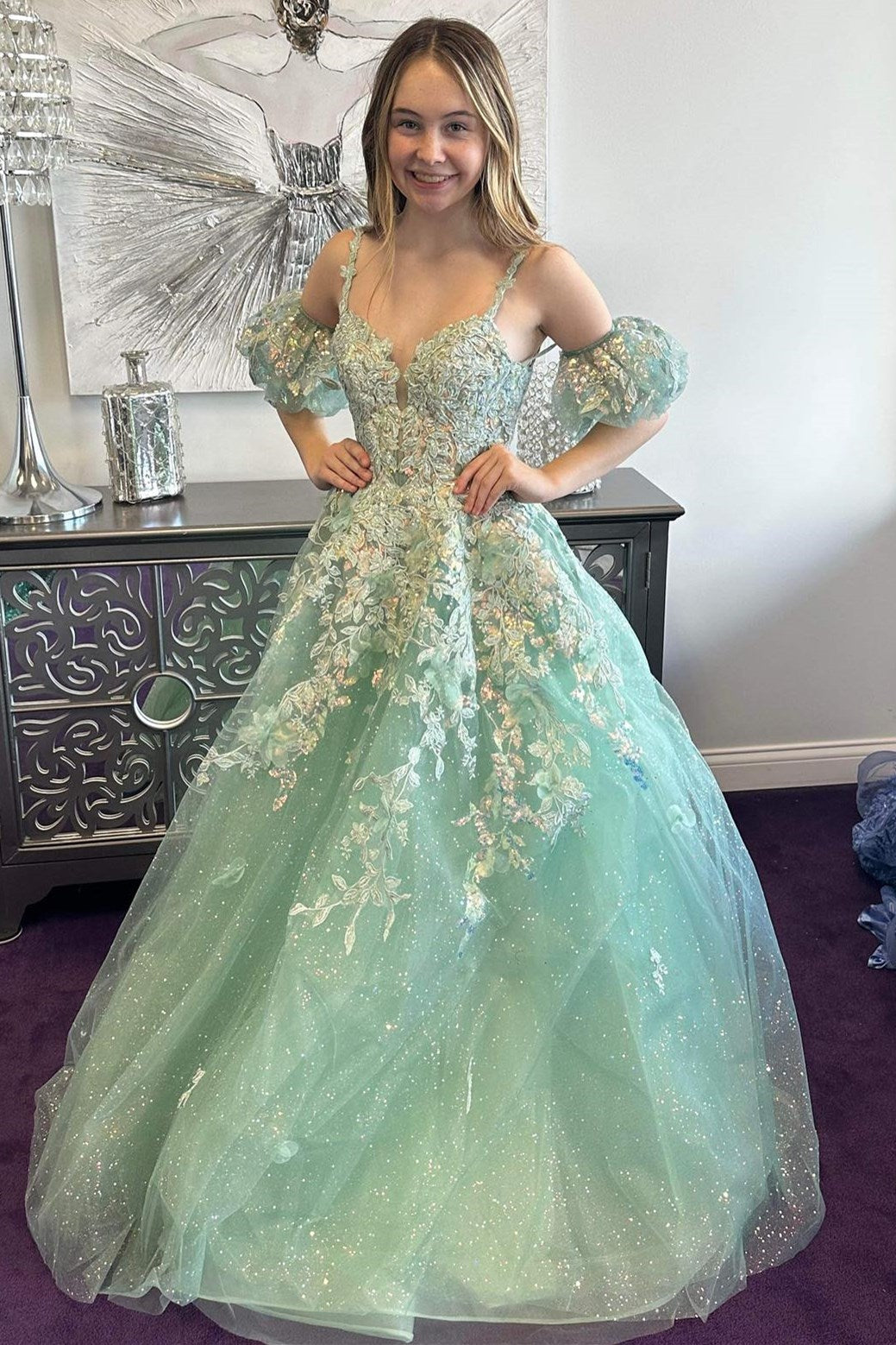A-Line Appliques Plunge V Long Prom Dress with  Detachable Sleeves