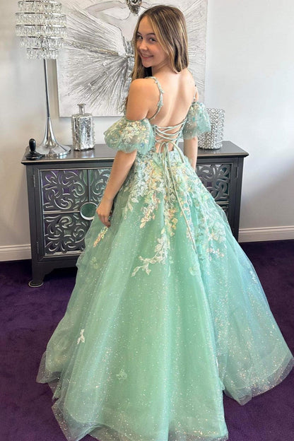 A-Line Appliques Plunge V Long Prom Dress with  Detachable Sleeves