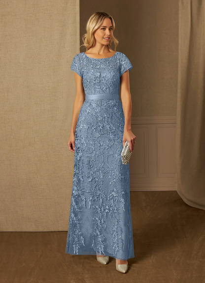Sheath Scoop Lace Appliques Short Sleeve Dusty Blue Mother of the Bride Dresses