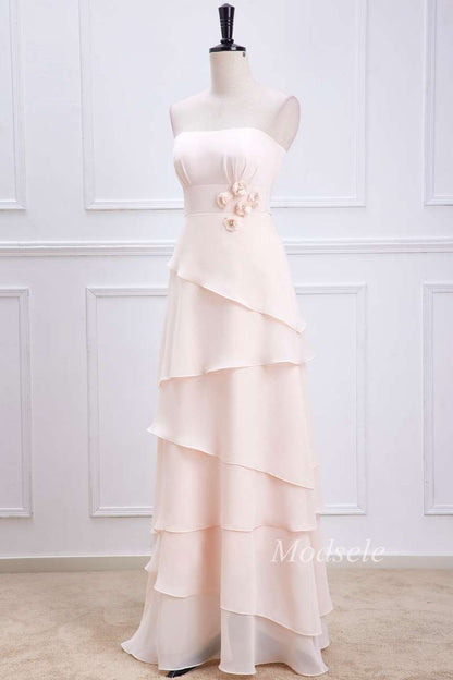 Oat Strapless Multi-Layer Maxi Dress with Handmade Flowers