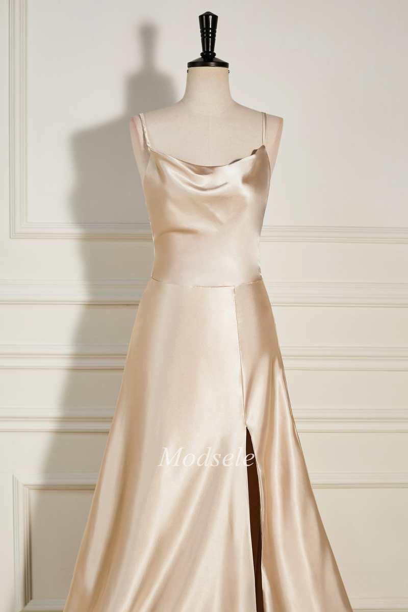 Champagne Cowl Neck A-Line Long Dress with Spaghetti Straps