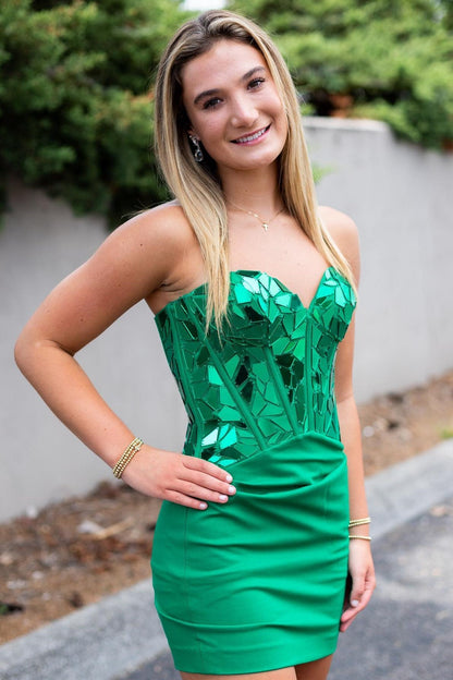 Red Sweetheart Short Party Dress with Cut Glass Mirrors