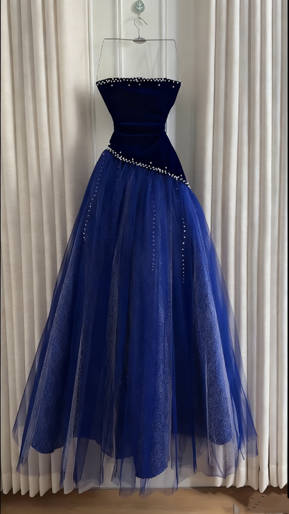 Sleeveless Burgundy Velvet & Tulle Gown | Luxury Elegant Pearl Trim Train Dress for Gala Ball gh6471