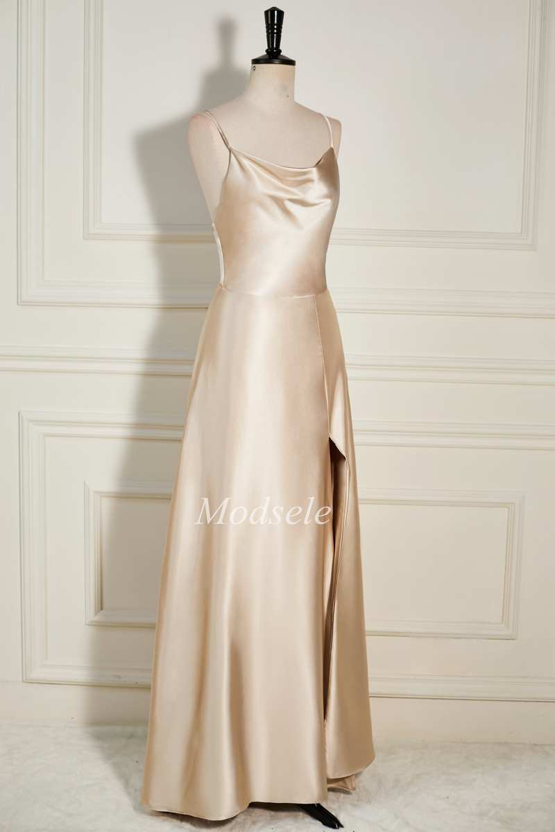 Champagne Cowl Neck A-Line Long Dress with Spaghetti Straps