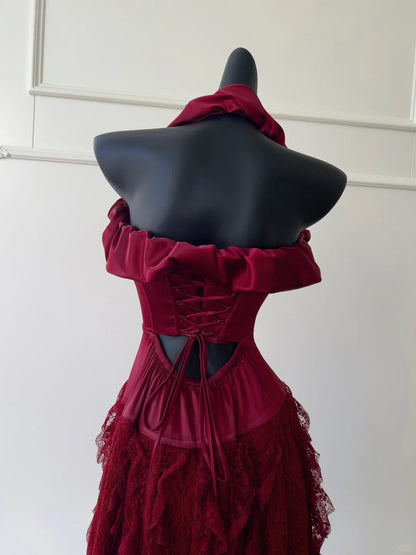 Burgundy Vintage Long Satin Ball Gown Birthday Party Dress Evening Dress gh4409