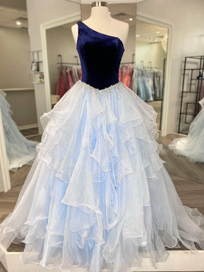 Belinda | Ruffle One Shoulder Royal Blue Velvet Top Long Formal Dress