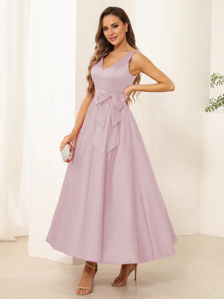 A-line princess V-neck sleeveless bow long mother of the bride dress
