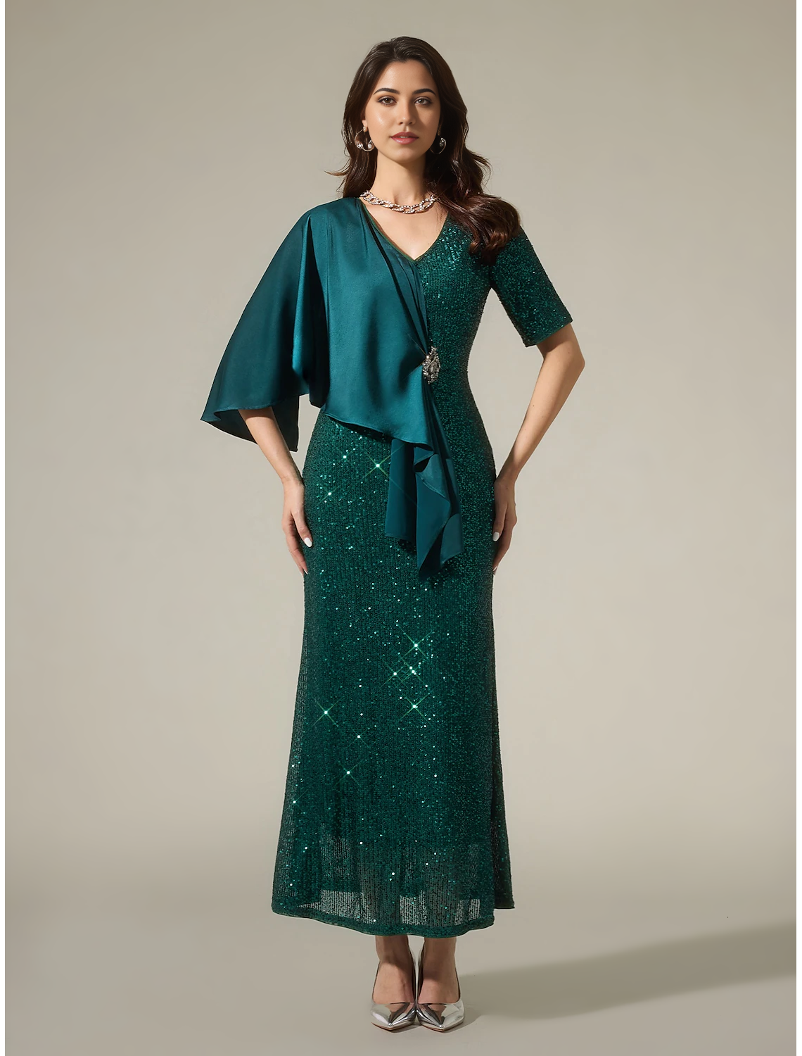 Sparkly Satin Sequin Mismatched Short Sleeve Maxi Dress Mother of the Bride Dresses
