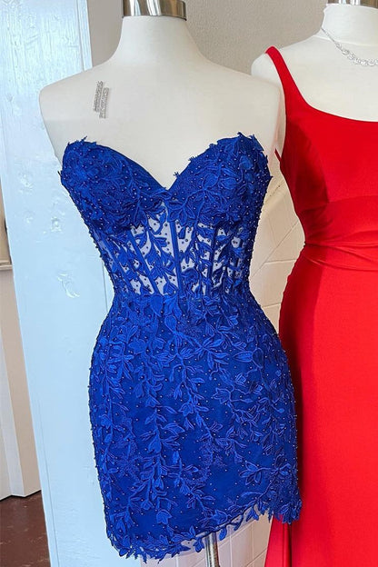 Aqua Blue Appliques Sheer Corset Cocktail Dress