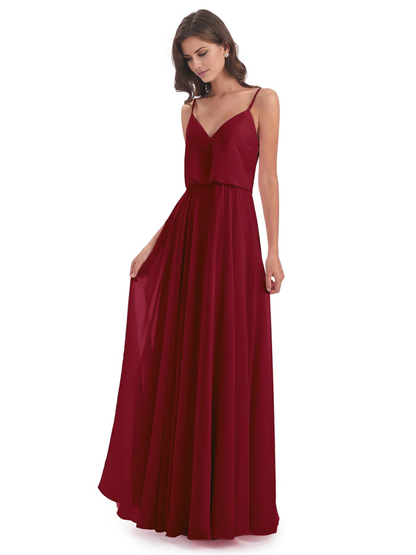 Simple slim shoulder chiffon and floor length bridesmaid dress