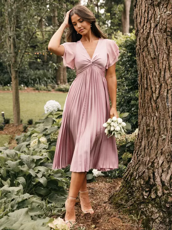 A-line V-Neck Short Sleeves Zipper Satin Wedding formal dresses evening gown Party Dresses Short Bridesmaid Dress