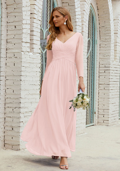 A-line V Neck FullLong Sleeve Ankle-Length Chiffon Mother of the Bride Dress With Pleated Pure Color