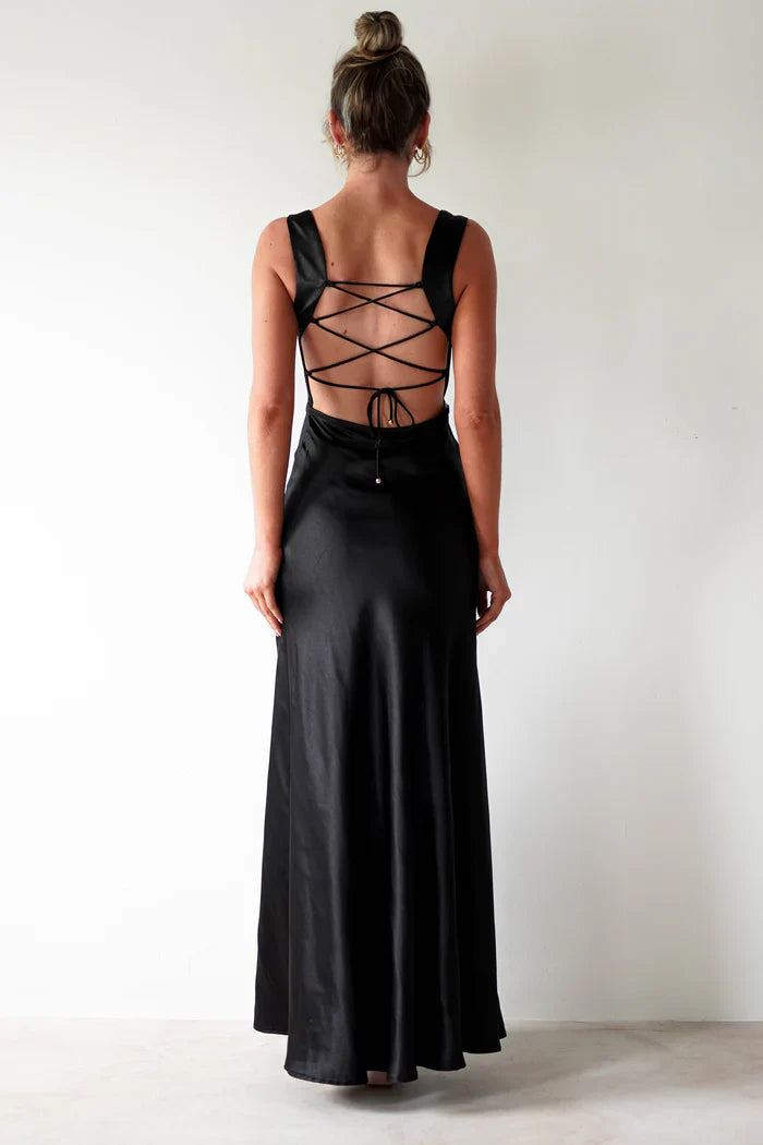 Square neckline satin side slit and floor length Prom dress - Jimiss Dress