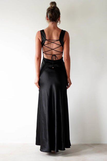 Square neckline satin side slit and floor length Prom dress - Jimiss Dress
