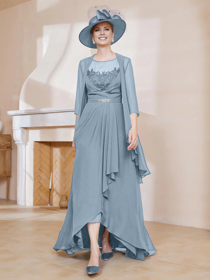 Illusionary collar ruffled dress paired with jacket mother of the bride dress