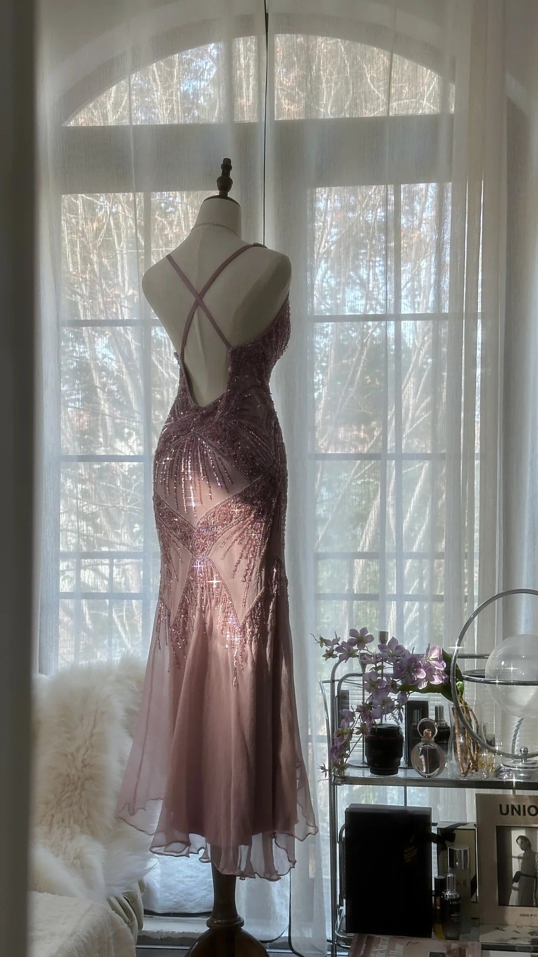 Pink  Romantic Fashion Elegant Exquisite Beaded Spaghetti Strap Long Tulle Chiffon Ruffle Ball Gown Evening Gown Party Dress gh4059