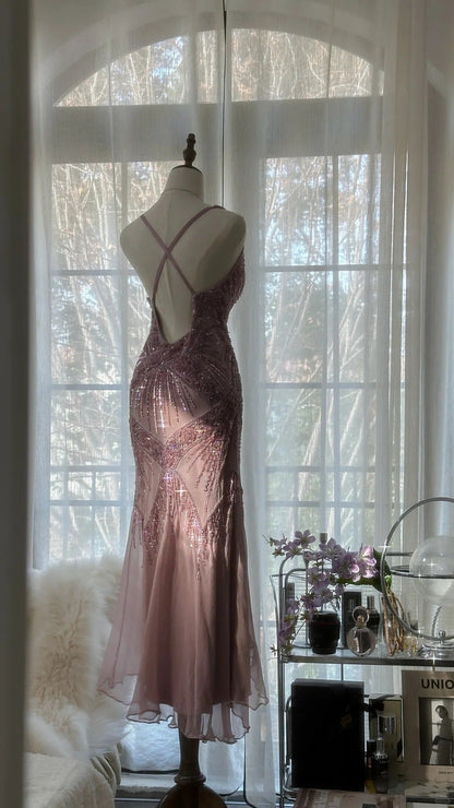 Pink  Romantic Fashion Elegant Exquisite Beaded Spaghetti Strap Long Tulle Chiffon Ruffle Ball Gown Evening Gown Party Dress gh4059