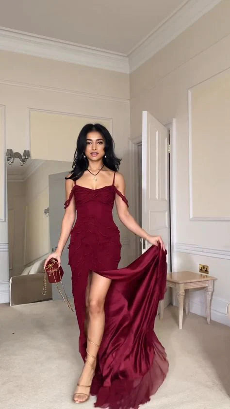 Sexy Burgundy Chiffon Long Prom Dresses Formal Evening Dress