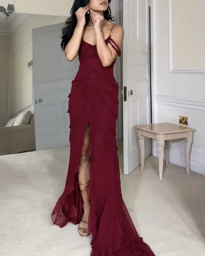 Sexy Burgundy Chiffon Long Prom Dresses Formal Evening Dress