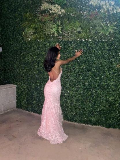 Aimishang Mermaid Formal Wear Dresses Pink Tulle Lace Long Prom Dresses Appliques Backless Evening Party Dress
