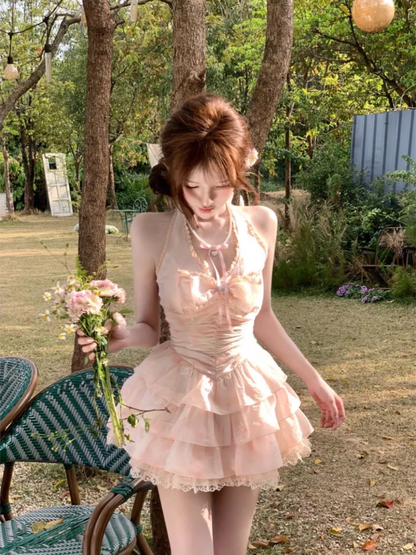 Vintage Pink A-Line Halter-neck Tiered Homecoming Dress Party Dress Cocktail Dress HZ1024