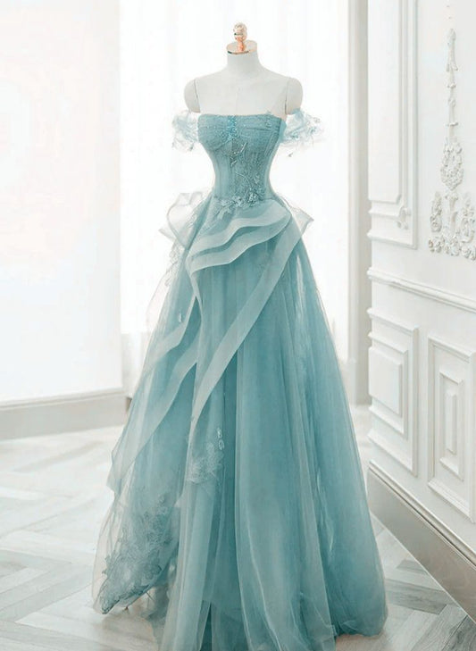 Luxury Strapless Tulle Birthday Dress A-line Long Prom Dresses