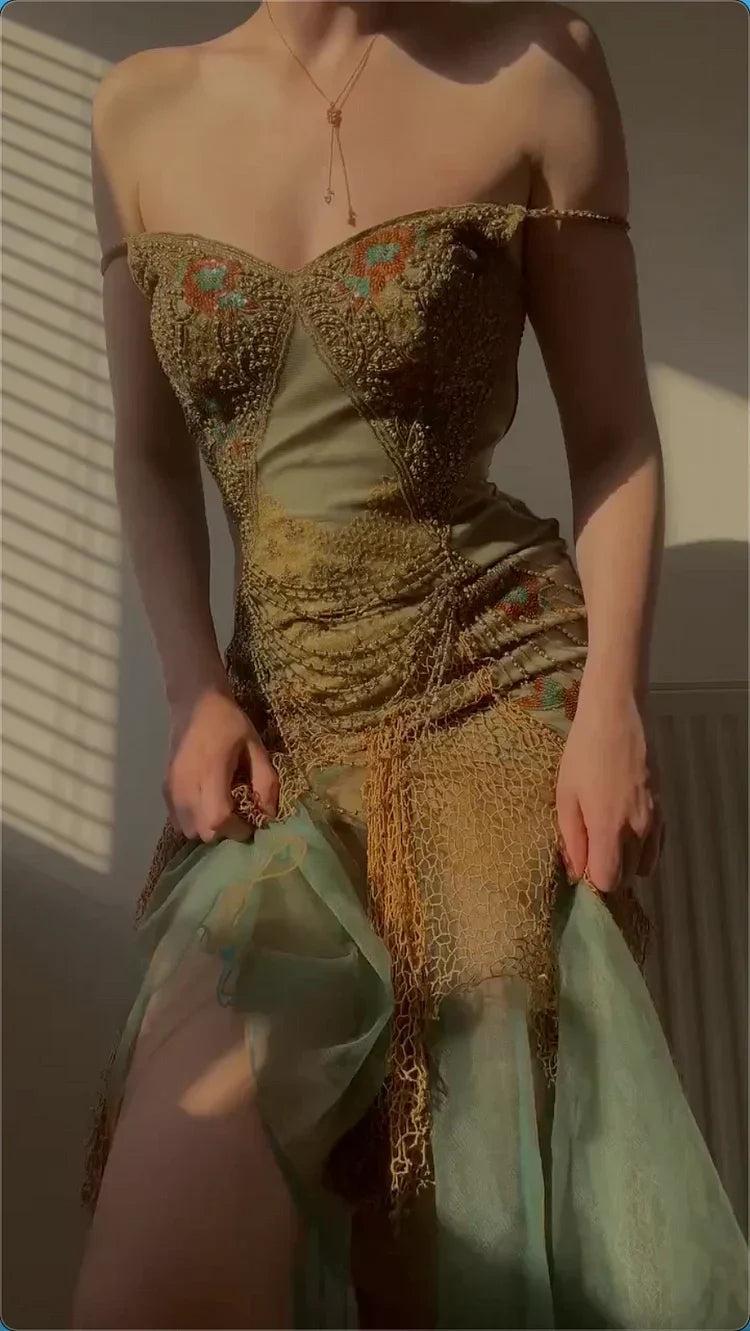 Vintage Green Beaded Chiffon Embroidery Prom Dress A-Line Spaghetti Strap Evening Dress Long Formal Dress HZ1024