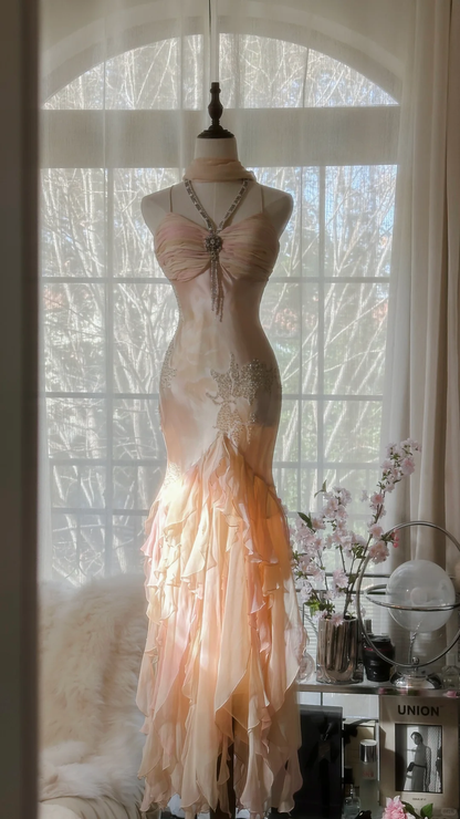Vintage Mermaid Beaded Floral Design Romantic Chiffon Evening Dress Prom Dress HZ1024