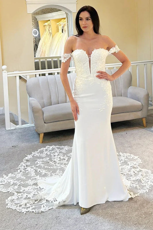 Off-the-Shoulder Scalloped Lace Mermaid Long Wedding Dress