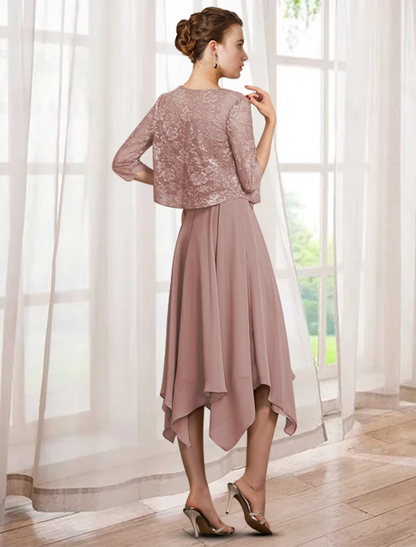 Two Piece A-Line Mother of the Bride Dress Elegant Tea Length Chiffon Lace Half Sleeve Wrap Included with Sash Ribbon