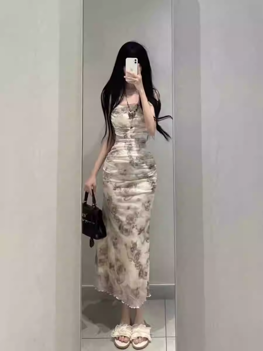 New Fashion Rose Floral Design A-line Sleeveless Spaghetti Strap Dress HZ1024