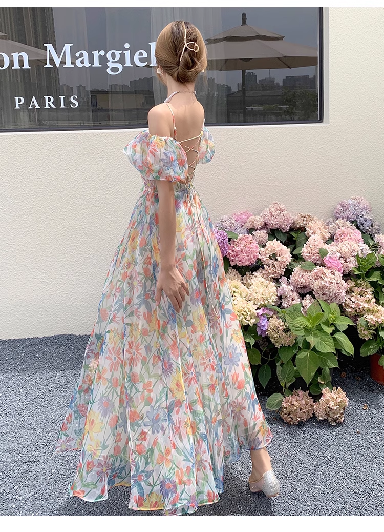 New Elegant Floral Design Puff Sleeves Princess Style Spaghetti Strap Dress HZ1024