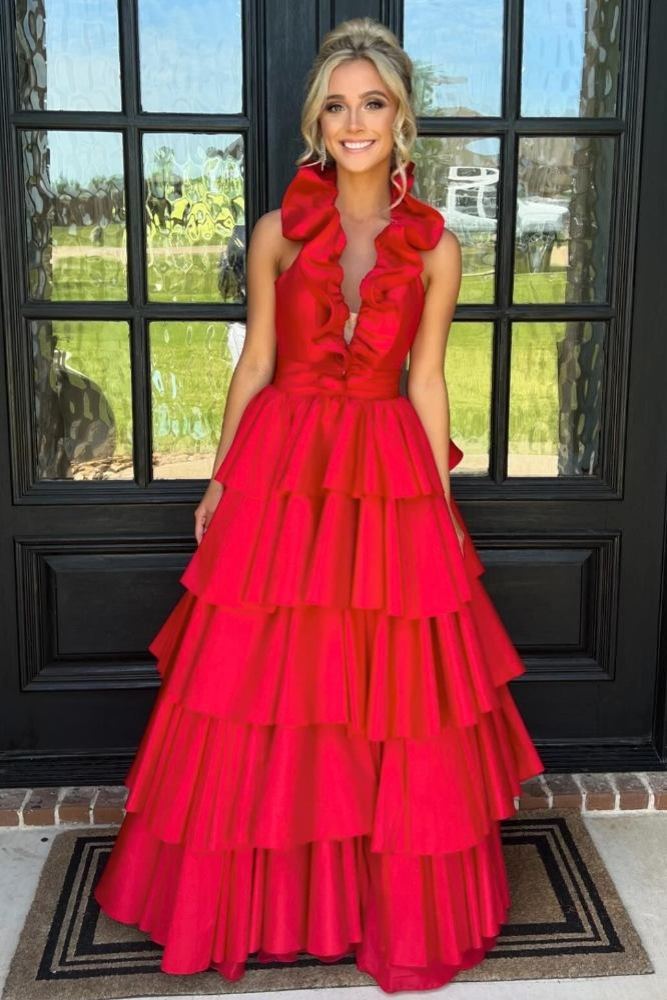 Green Halter Ruffle A-Line Long Prom Dress with Slit