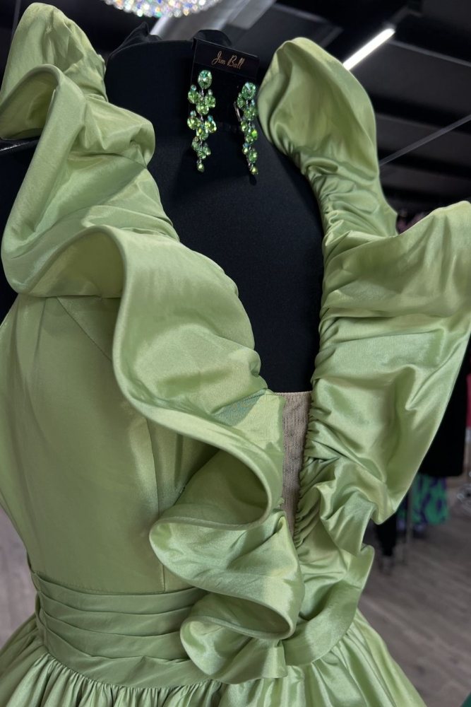 Green Halter Ruffle A-Line Long Prom Dress with Slit