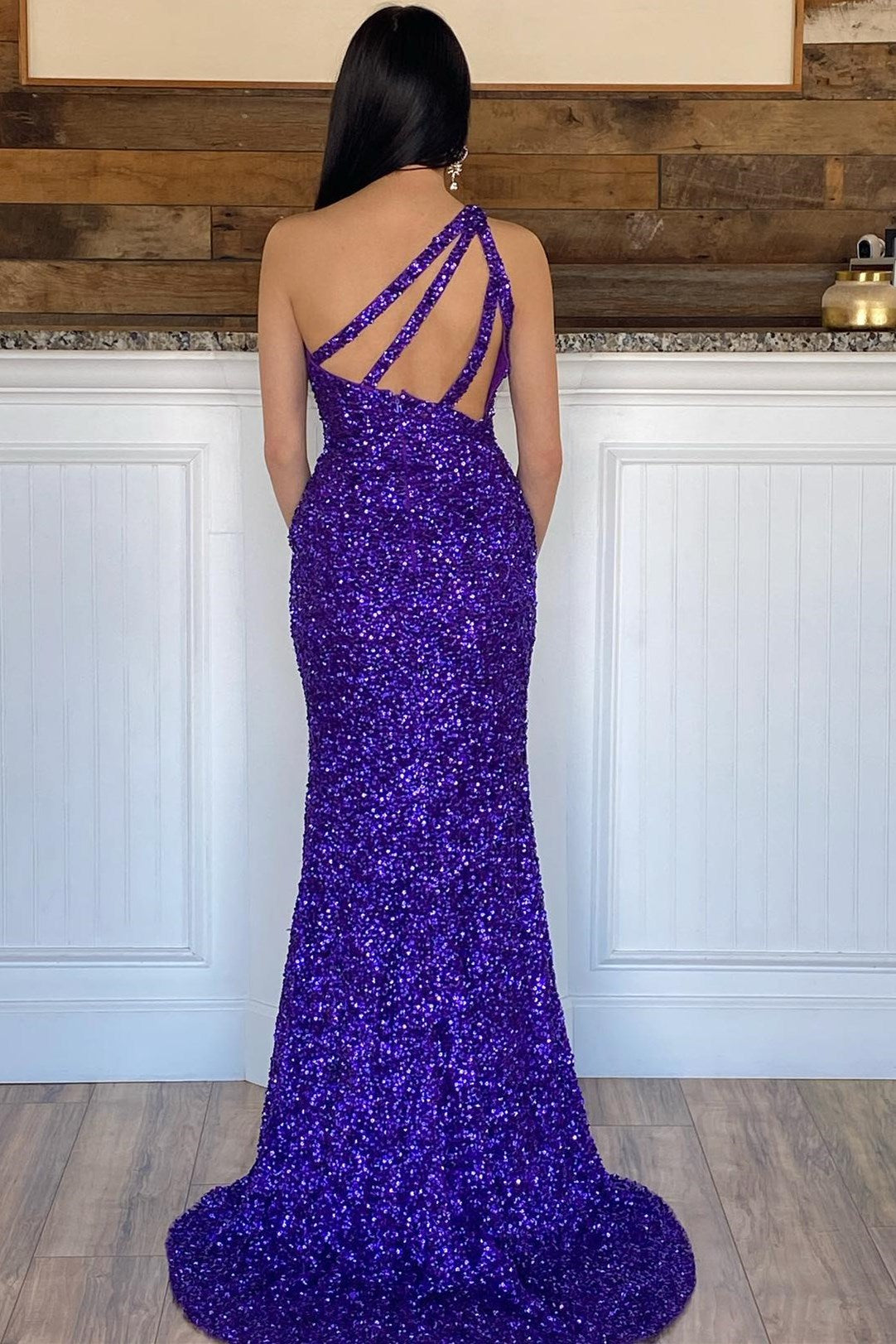 Glitter One Shoulder Hot Pink Sequins Mermaid Prom Dress with Slit