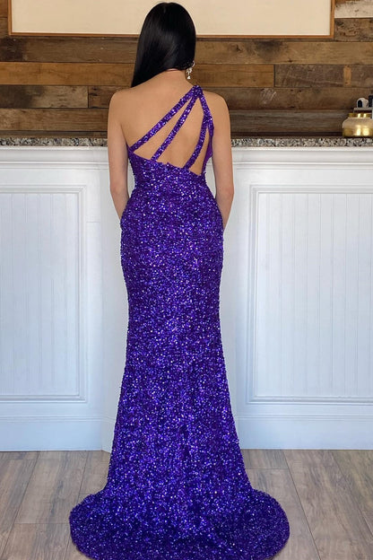 Glitter One Shoulder Hot Pink Sequins Mermaid Prom Dress with Slit