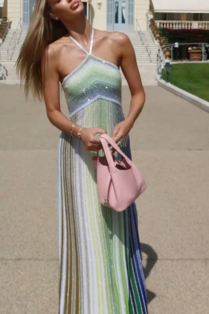 girlhomeshops--Green Sparkling Holiday-Style Halter Dress gh5589
