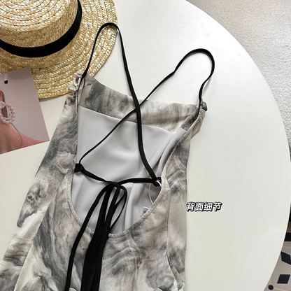 Simple Floral Ink-wash Pattern Design A-line Sleeveless Spaghetti Strap Dress HZ1024