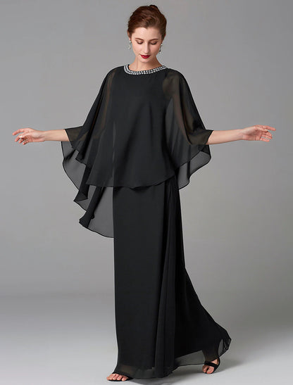 A-Line Mother of the Bride Dress Wedding Guest Elegant Cape Dress Plus Size Jewel Neck Floor Length Chiffon Sleeveless
