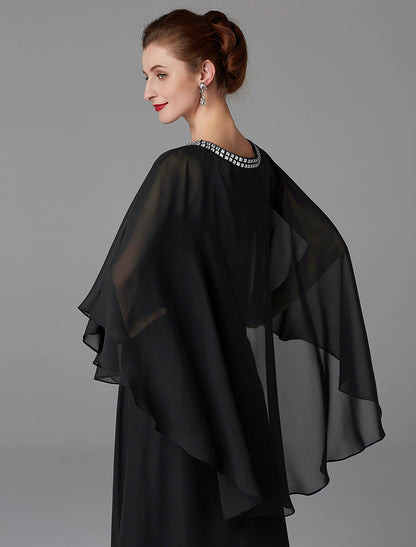 A-Line Mother of the Bride Dress Wedding Guest Elegant Cape Dress Plus Size Jewel Neck Floor Length Chiffon Sleeveless