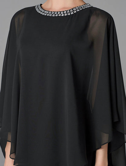 A-Line Mother of the Bride Dress Wedding Guest Elegant Cape Dress Plus Size Jewel Neck Floor Length Chiffon Sleeveless