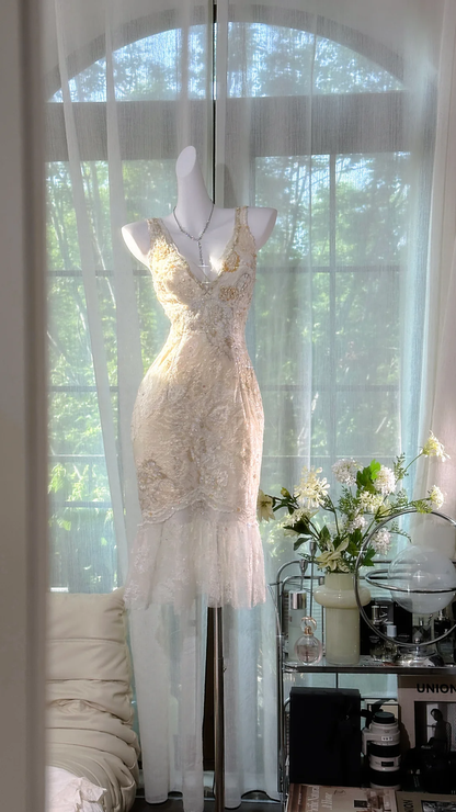 Vintage Ivory Lace Homecoming Dress Shiny Sequin V-neck Sheath Party Dress Cocktail Dress HZ1024