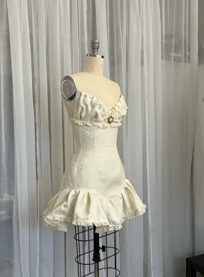 Vintage Beige Spaghetti Strap A-line Satin Lace-up Short Party Dresses Homecoming Dress HZ1024