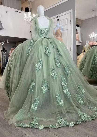 Gorgeous Sage Green Applique Sweetheart Off-the-shoulder Sweet 16 Quinceanera A-Line Floor-length Prom Dress Evening Dress Ball Gown HZ1024