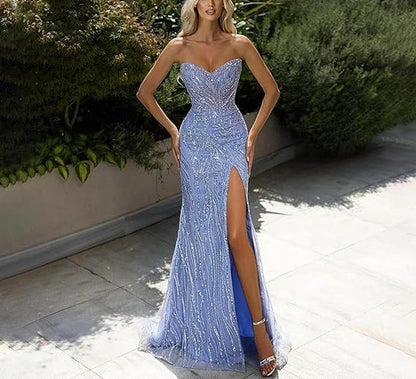 Blue fashion shiny off-shoulder sequins elegant tight long slit ball gown evening dress gh2722